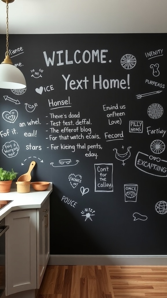 Chalkboard wall art with various doodles and messages in a kitchen setting