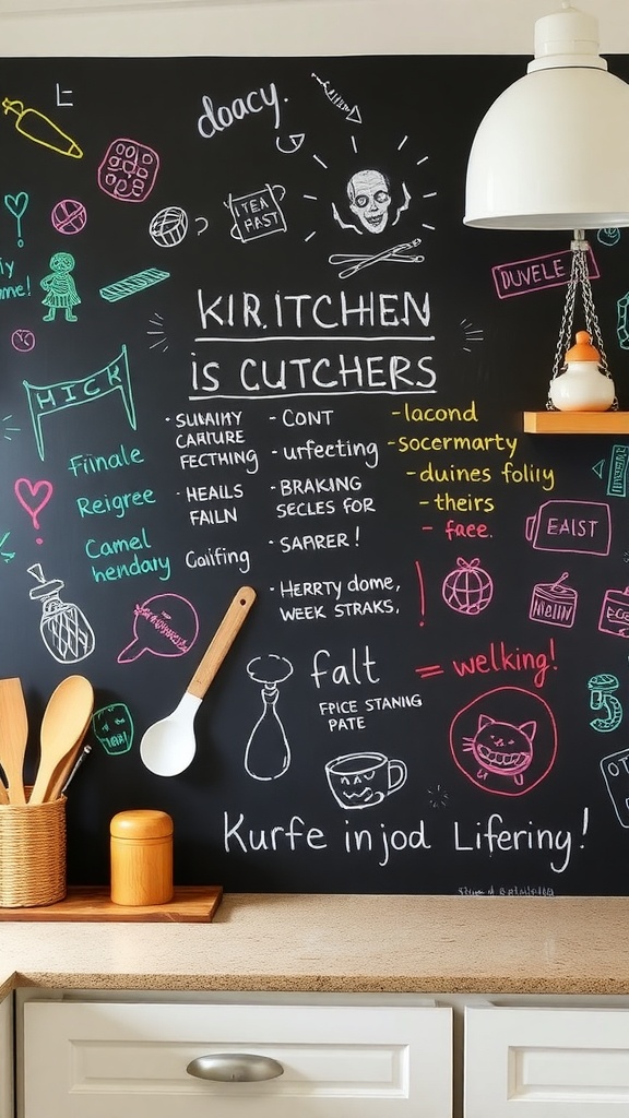 Chalkboard wall with colorful writing and drawings.