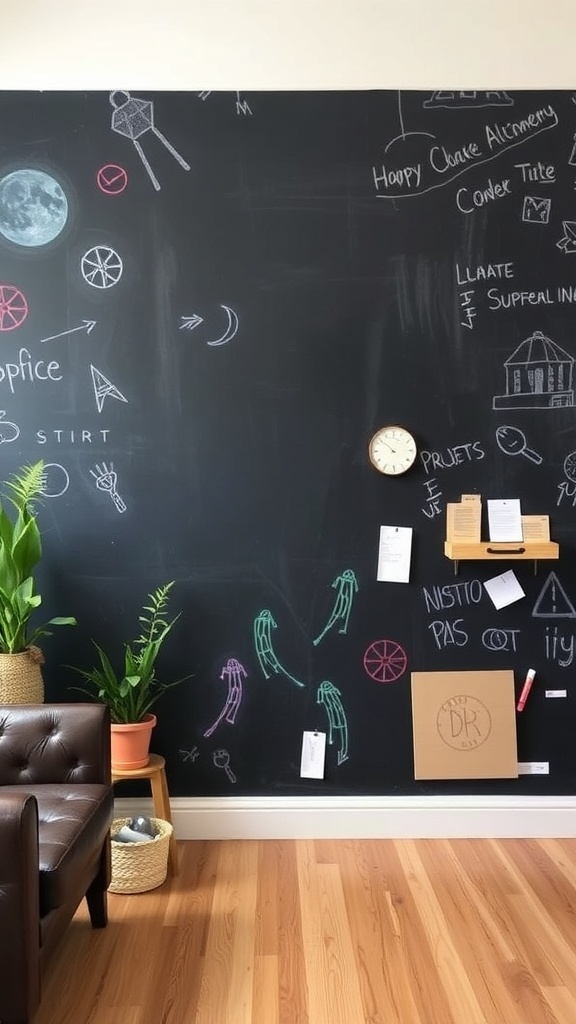 A chalkboard wall with colorful drawings and notes, featuring a cozy seating area.