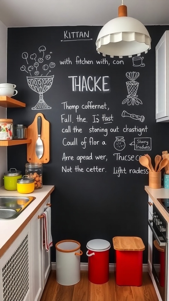 A kitchen with a chalkboard wall filled with notes and drawings, showcasing a fun and creative design.