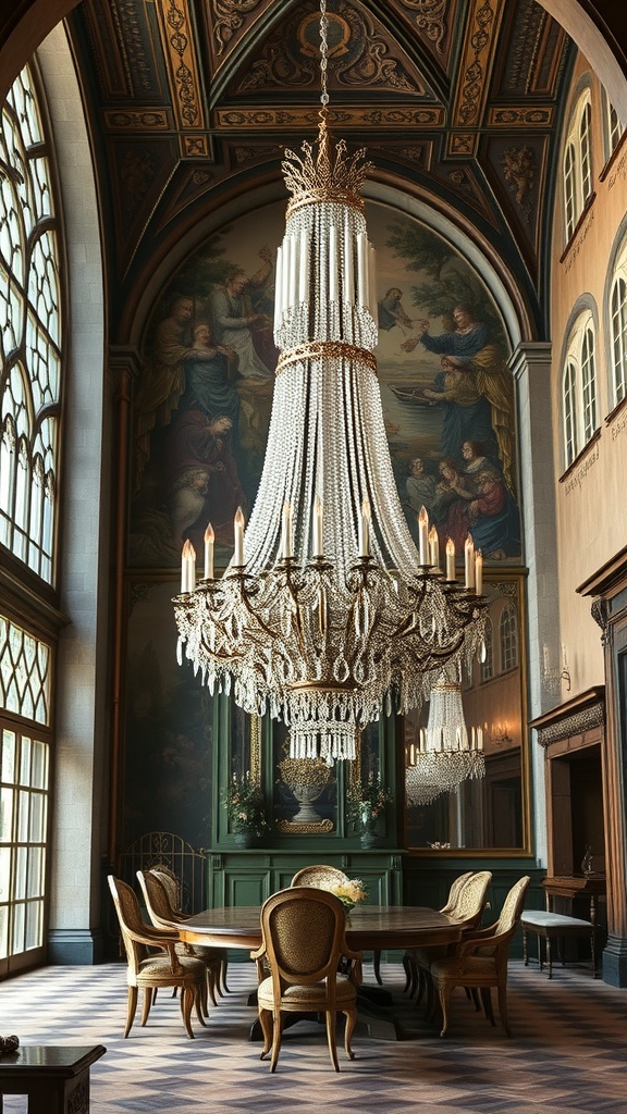 A grand chandelier in an elegant room with a dining table and ornate decor.