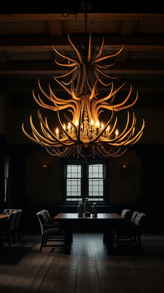 A large chandelier made of antlers hanging in a dimly lit room with wooden furniture.