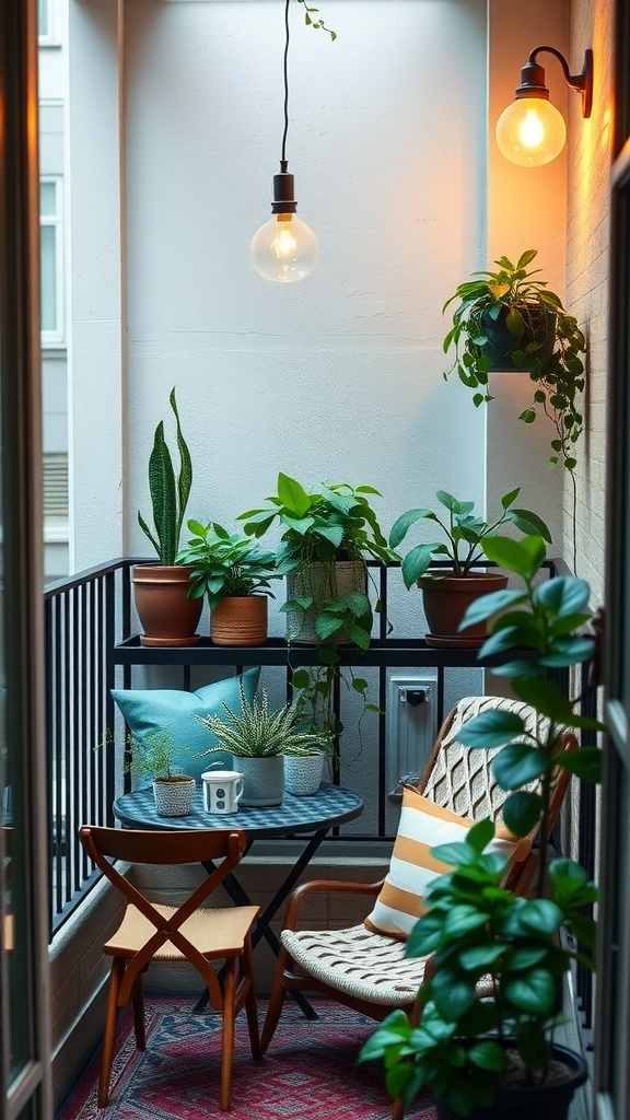 A cozy balcony with plants, a small table, and a comfortable chair, illuminated by warm lights.