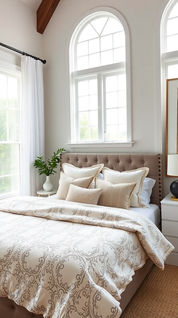 Cozy bedroom with elegant bedding and natural light