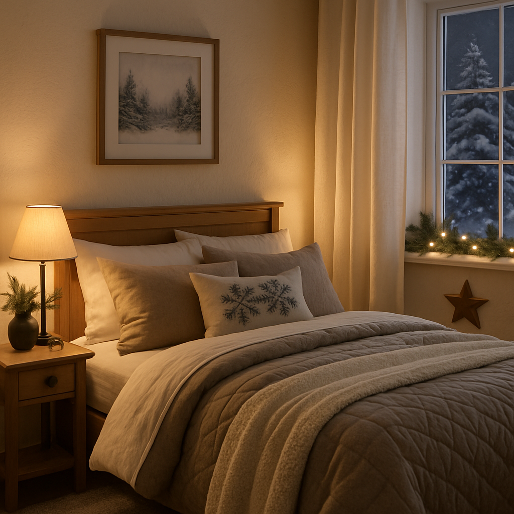 Gemütliches Schlafzimmer mit neutralen Farben, einem Weihnachtsbaum und einem kleinen Tisch.