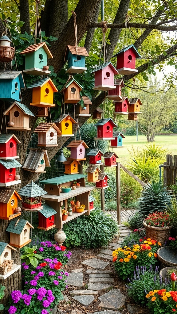 Colorful birdhouses hanging from a tree in a garden, surrounded by flowers and greenery.