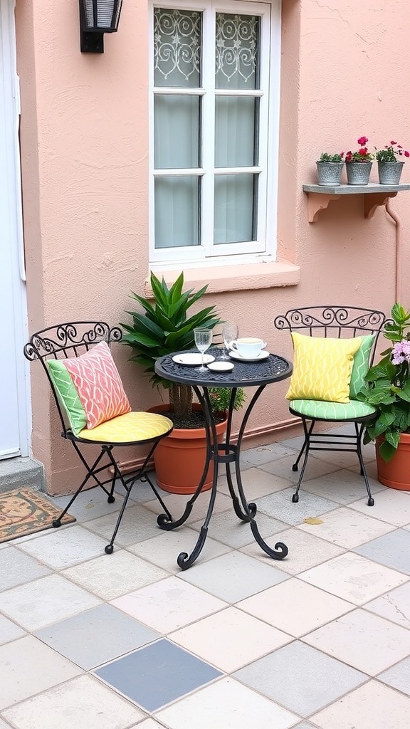 A small patio featuring a bistro set with colorful cushions and a round table surrounded by plants.
