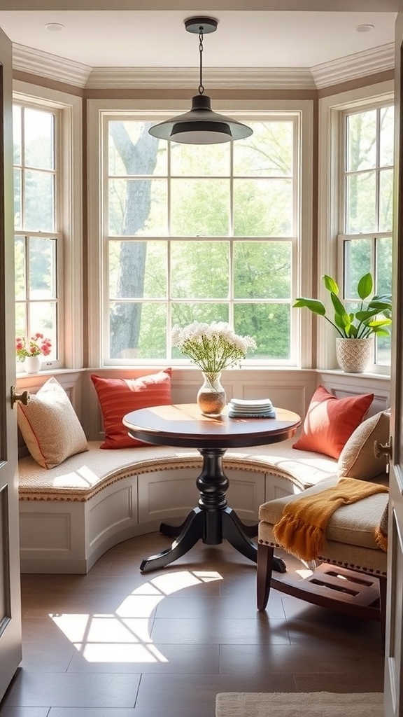 A charming breakfast nook with a round table, cushioned bench, and large windows.