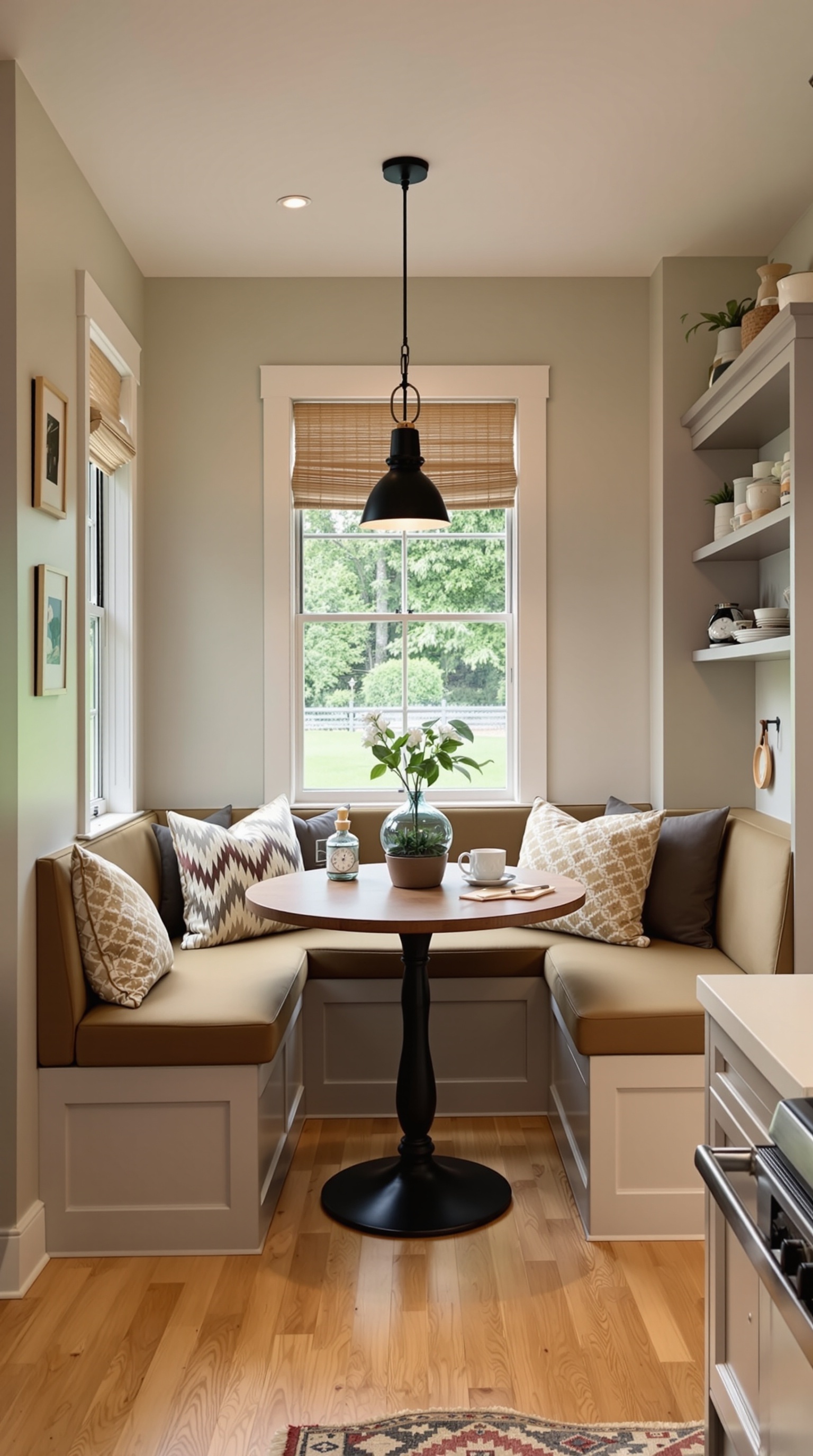 A cozy breakfast nook with a round table, white cabinetry, and natural light.