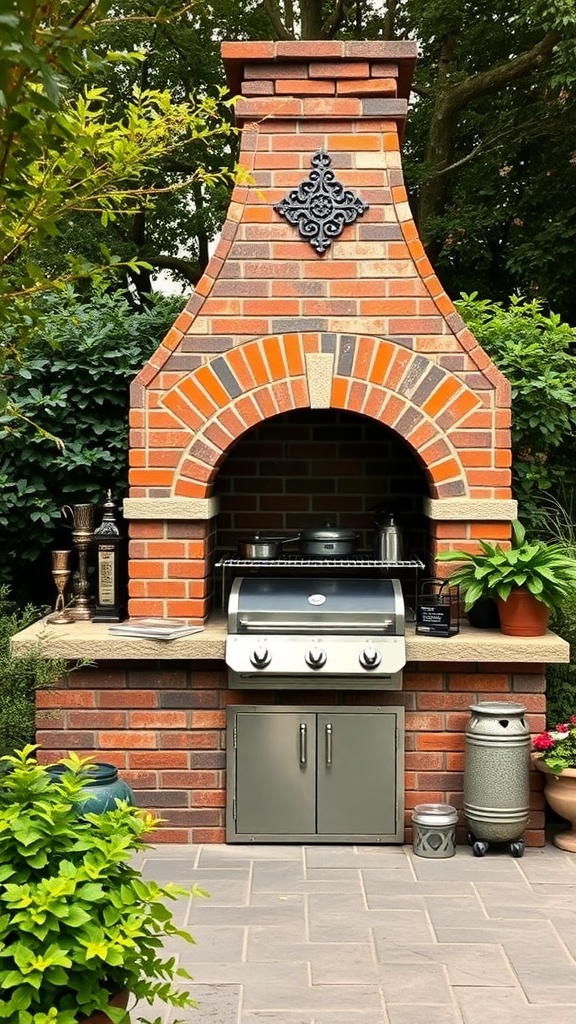 A charming outdoor brick oven setup with a grill, surrounded by greenery.