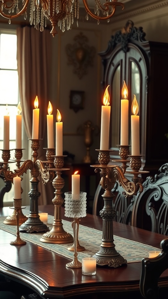A collection of vintage-style candle holders on a wooden table, featuring tall candlesticks and a glass holder, with flickering candles.