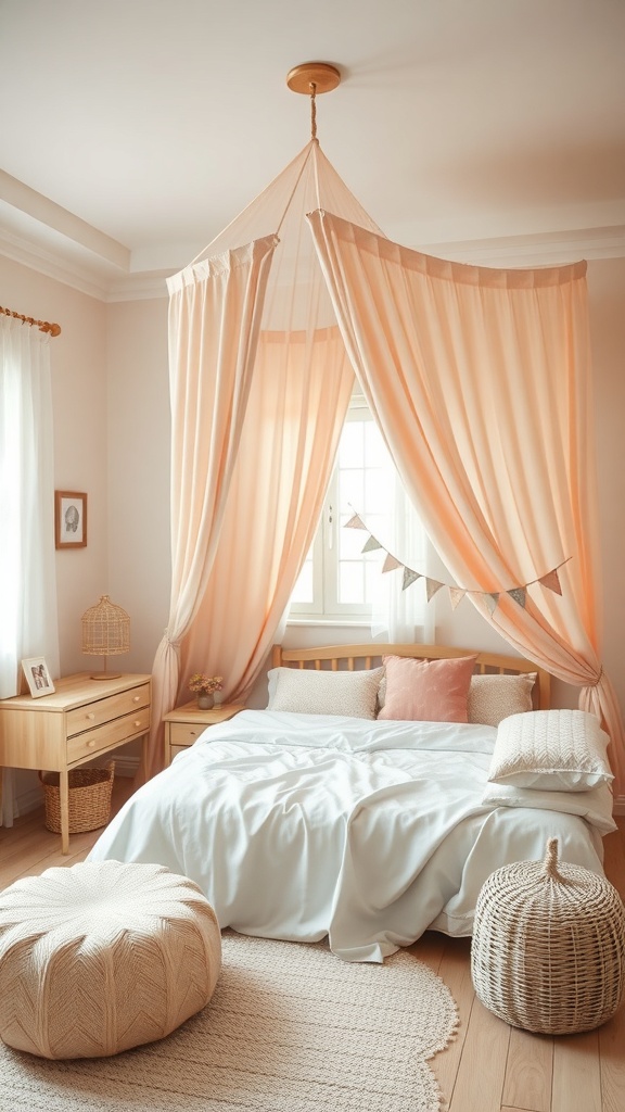 A cozy kids bedroom featuring a canopy bed with peach fabric drapes, wooden furniture, and soft decor.