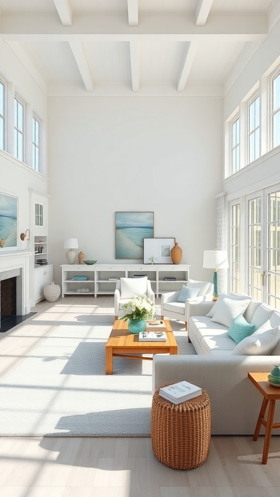 Bright and airy coastal living room with high ceilings, large windows, and cozy furniture