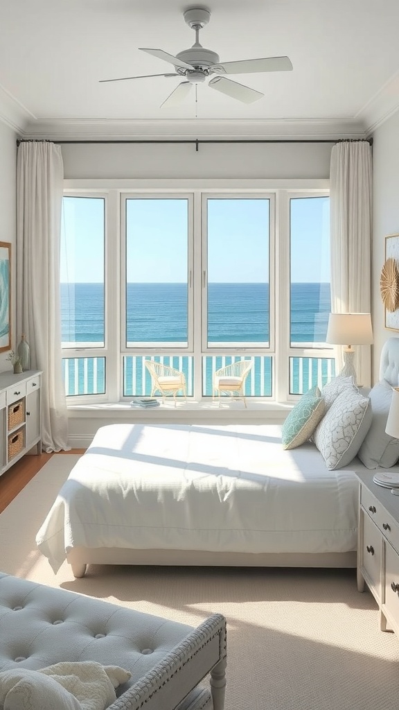 A bright coastal bedroom with large windows overlooking the ocean, featuring a white bed, light curtains, and cozy chairs on the balcony.
