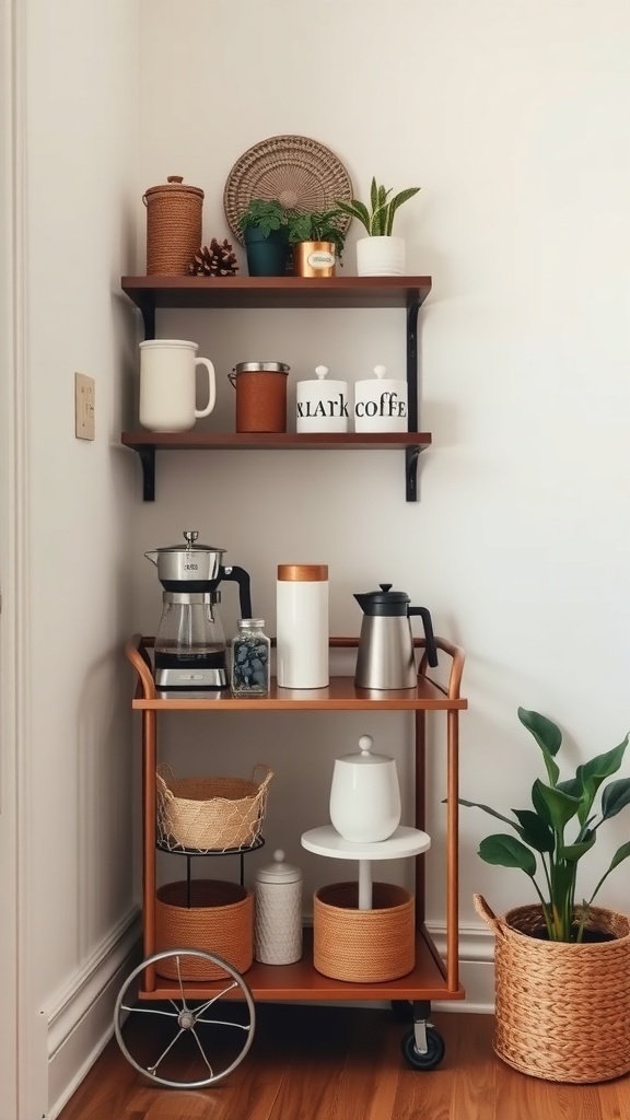 A charming corner cart with coffee essentials, featuring a coffee maker, decorative items, and organized storage baskets.