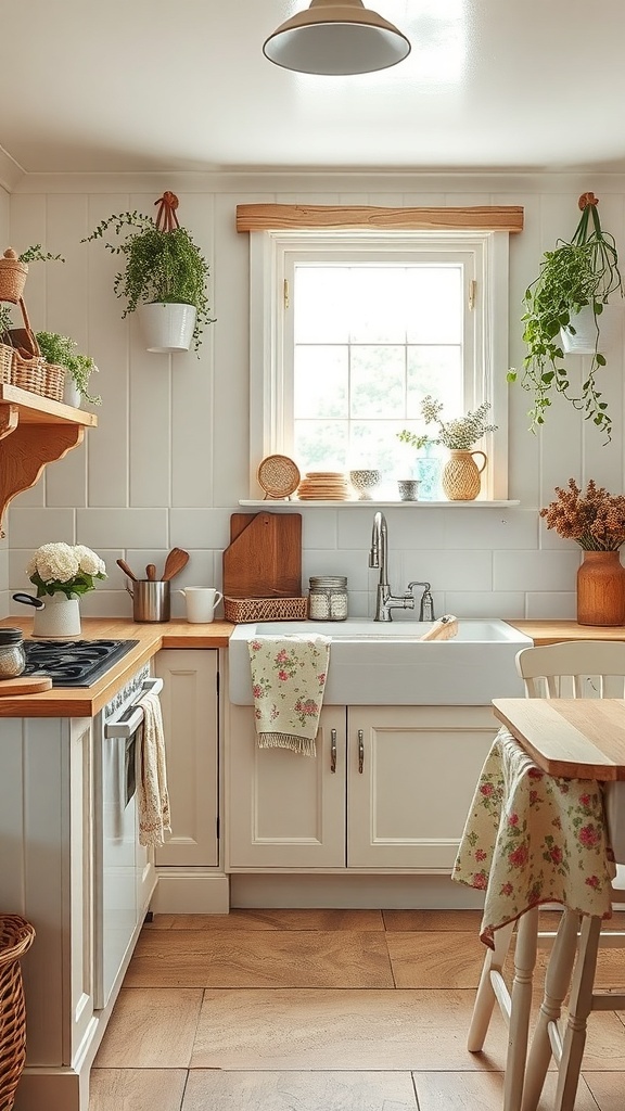 A charming cottage-style kitchen with white cabinetry, wooden accents, and large windows letting in natural light.