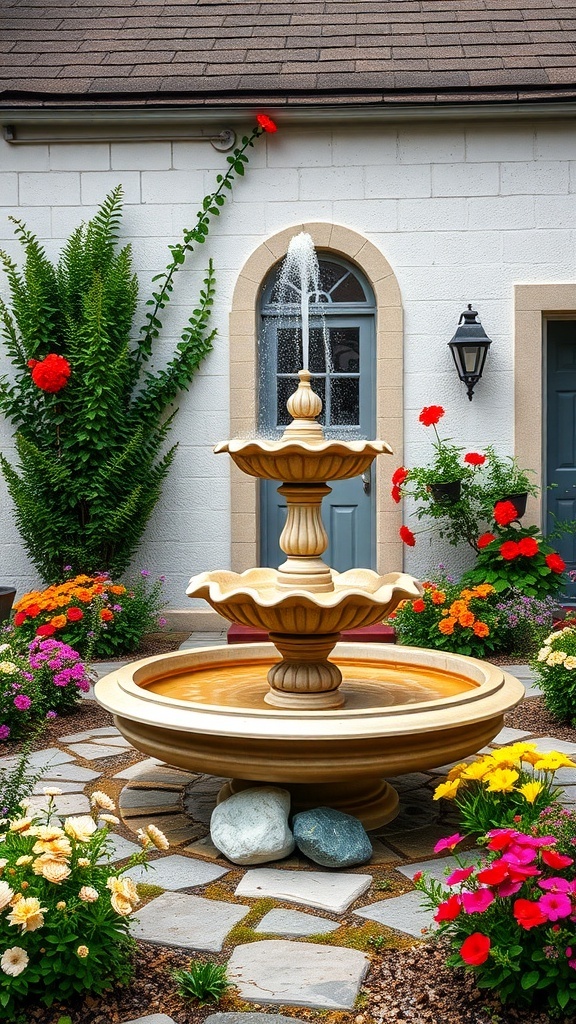 A charming three-tiered garden fountain surrounded by colorful flowers in a cottage garden.
