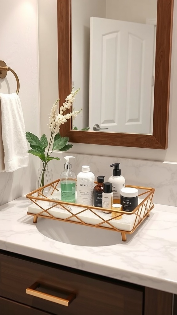 A decorative tray with skincare products on a bathroom counter, accompanied by a small plant and a towel.