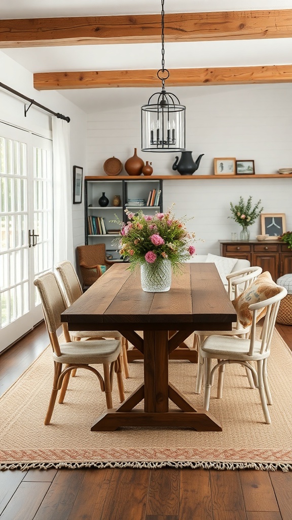 A charming dining area featuring a wooden farmhouse table surrounded by mixed chairs, a floral centerpiece, and bright natural light.