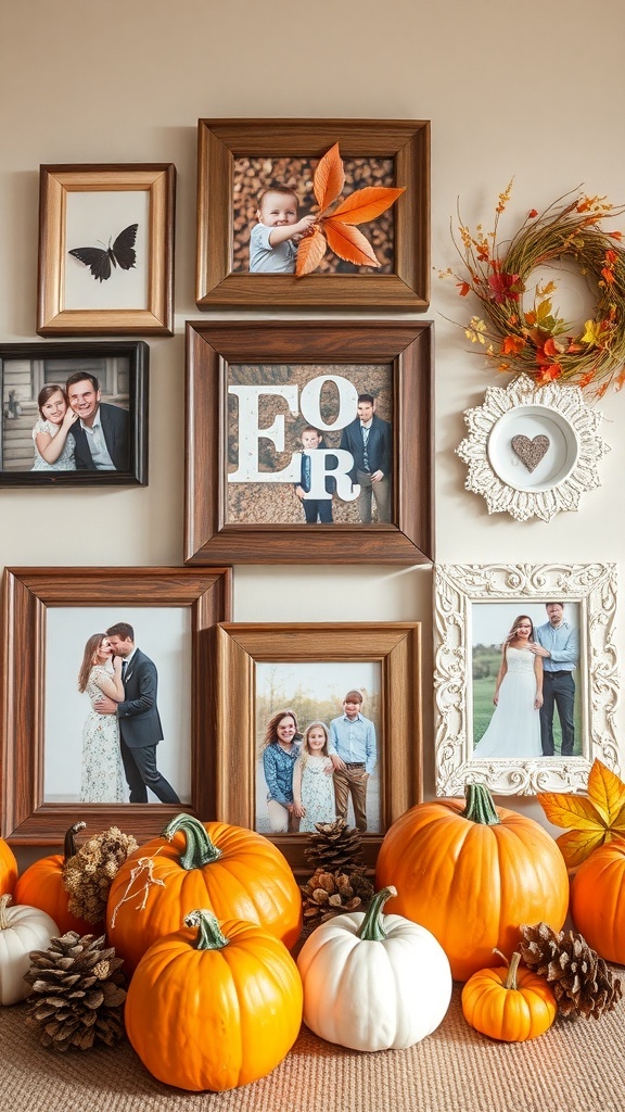 A collection of charming DIY picture frames arranged on a wall with pumpkins and autumn decor.