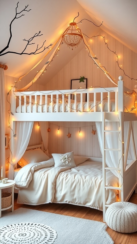 A cozy loft bed with fairy lights and curtains, creating a charming fairy tale atmosphere in a child's bedroom.
