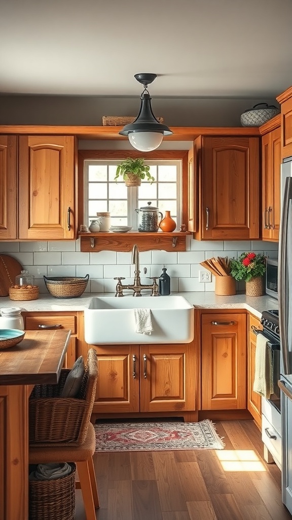 A cozy farmhouse kitchen with wooden cabinets, a large sink, and decorative plants.