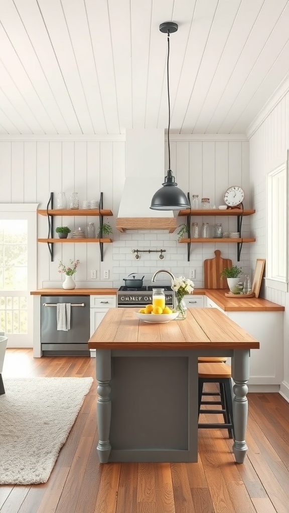 A modern farmhouse kitchen with wooden countertops, gray cabinetry, and open shelving.