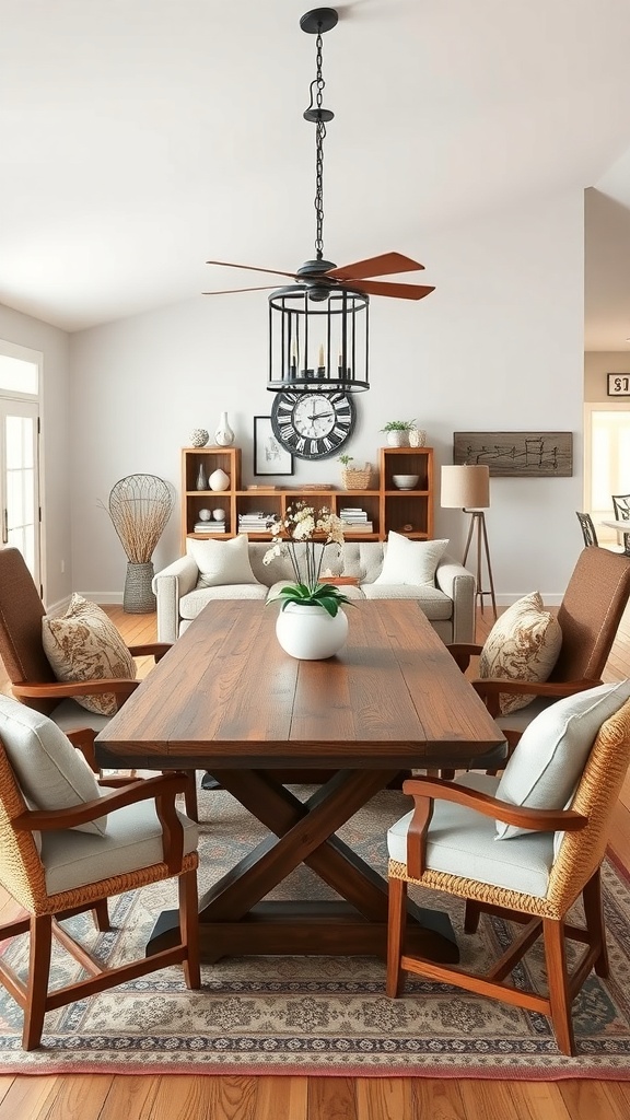 A cozy farmhouse living room featuring a wooden table with cross legs, surrounded by comfortable chairs and a stylish light fixture.