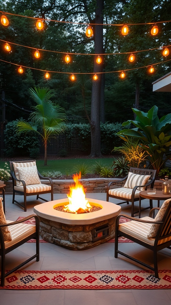Cozy outdoor patio with a fire pit, comfortable seating, and string lights.