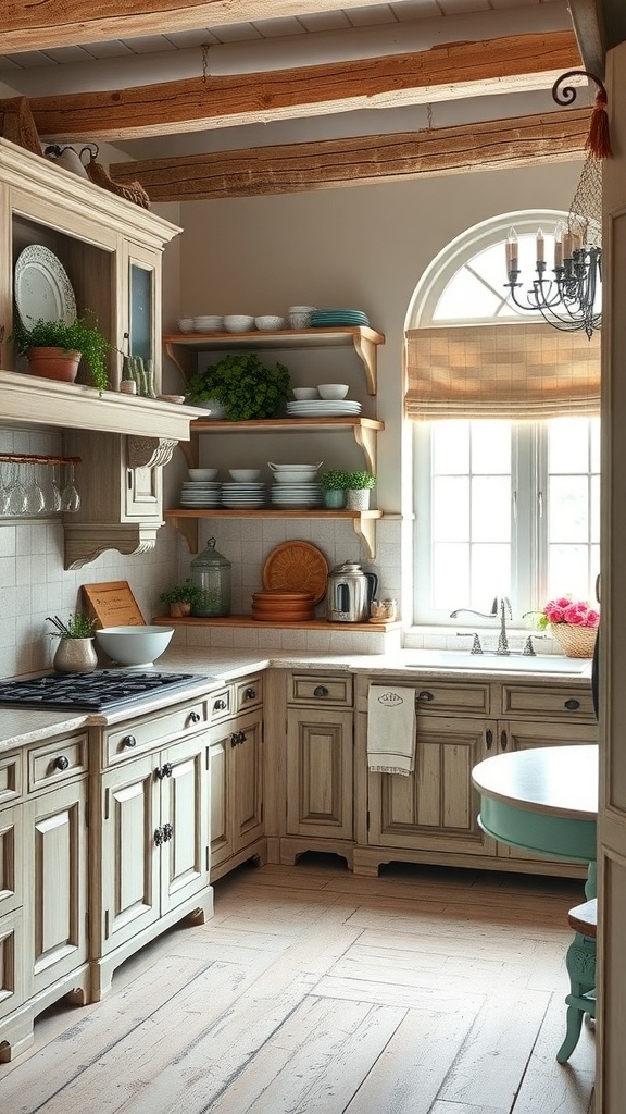 A cozy French country kitchen featuring wooden beams, open shelving with dishware, and a warm color scheme.