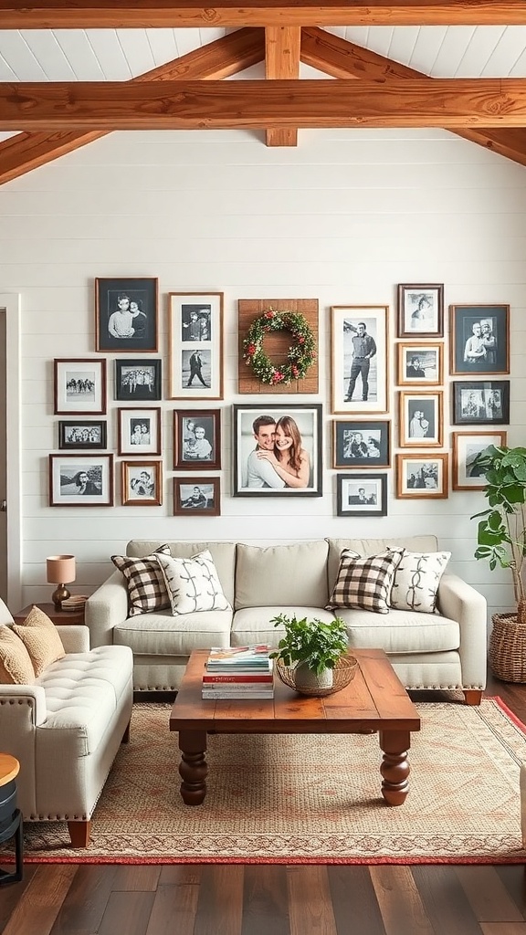 Cozy farmhouse living room with a gallery wall of framed photos and a wreath.