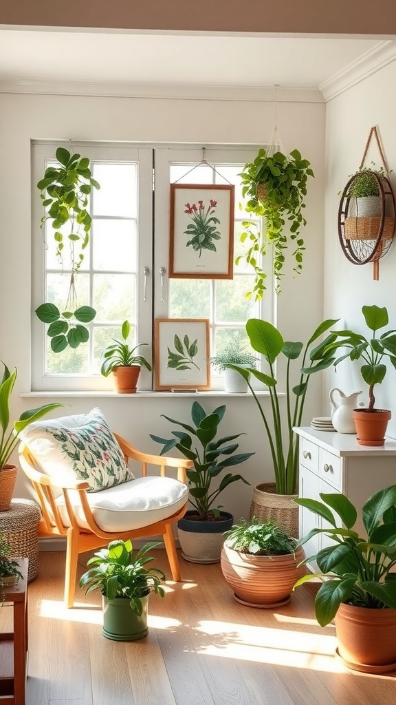 A cozy indoor space filled with various potted plants, a comfortable chair, and botanical prints on the wall.