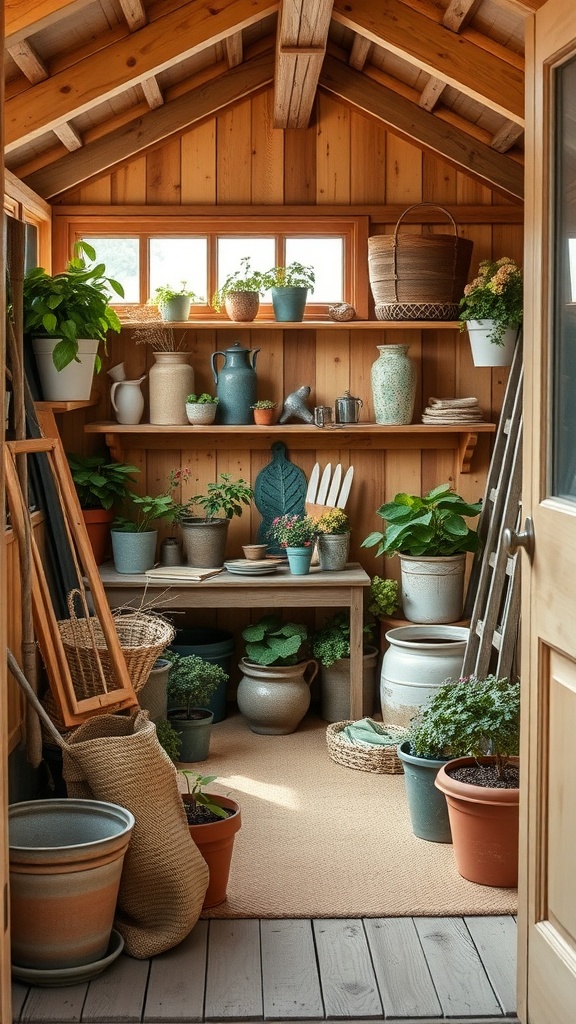 A cozy garden shed with wooden walls, shelves filled with vintage pots and plants, and a central table for gardening.