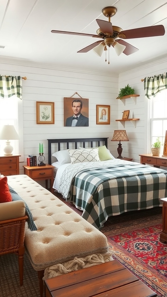 A charming guest room featuring a plaid blanket, wooden furniture, and personal decor elements.