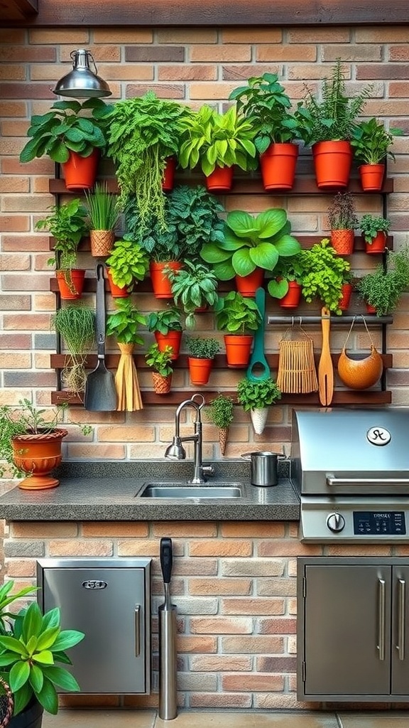 A charming herb garden wall with various plants in pots, complemented by kitchen tools, in an outdoor kitchen setting.