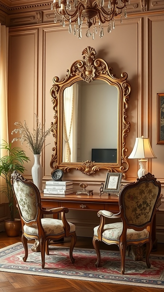 A charming vintage home office featuring an ornate gold mirror, elegant chairs, and a wooden desk.