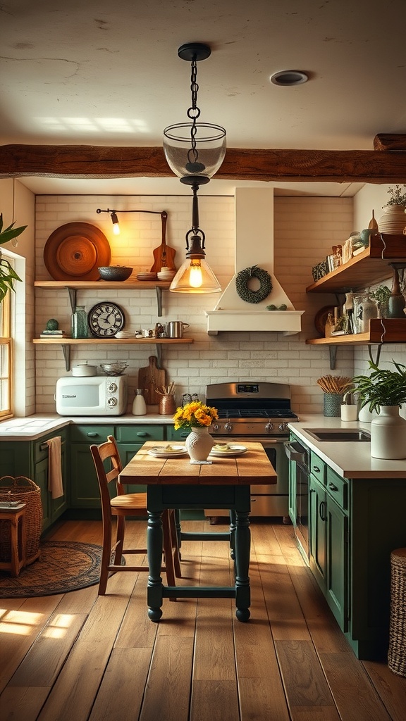 A charming kitchen with green cabinets, wooden accents, and warm lighting.