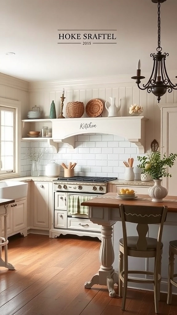 A charming kitchen featuring soft neutrals, vintage decor, and a rustic wooden table.