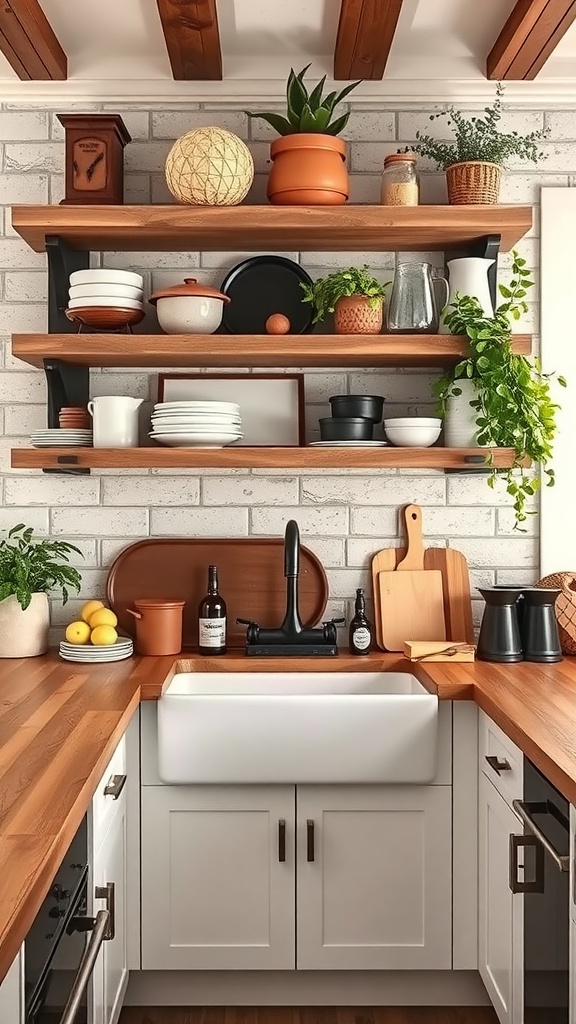 A cozy kitchen featuring open wooden shelves with dishware and plants, a farmhouse sink, and a warm wooden countertop.