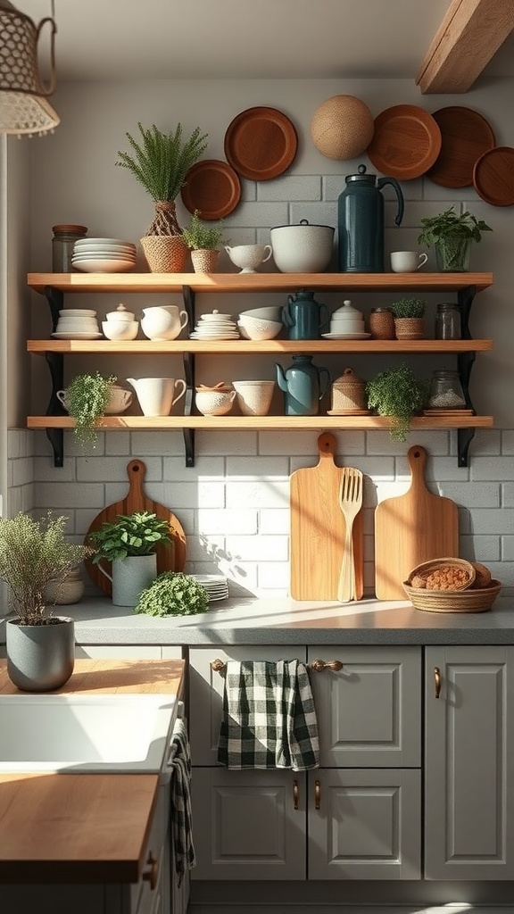 A charming kitchen featuring open shelving with dishes and plants, light gray cabinets, and natural wood accents.