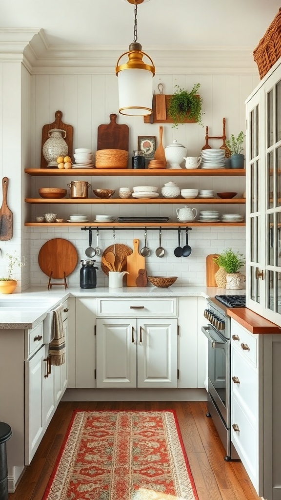 A charming farmhouse kitchen featuring white cabinets, wooden shelves with dishes, and a vintage rug.