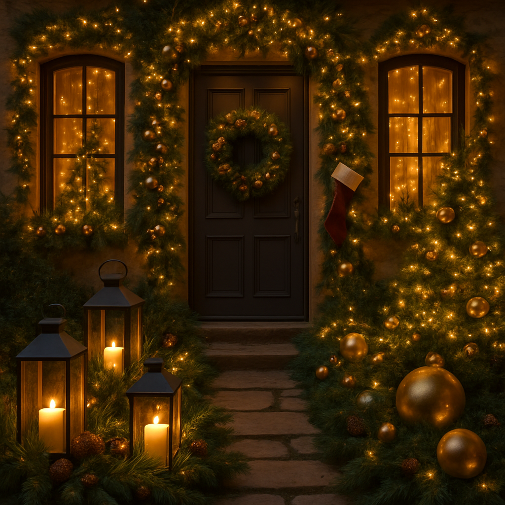 Outdoor Christmas decorations featuring lanterns with candles, surrounded by greenery and ornaments.