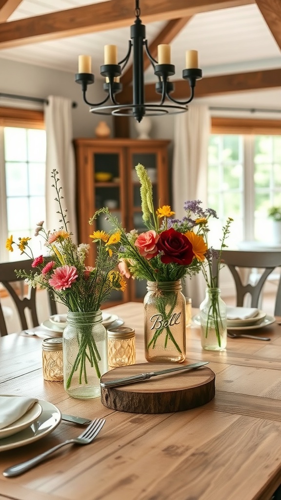 A dining table with mason jar centerpieces filled with colorful flowers, surrounded by candles and set for a meal.