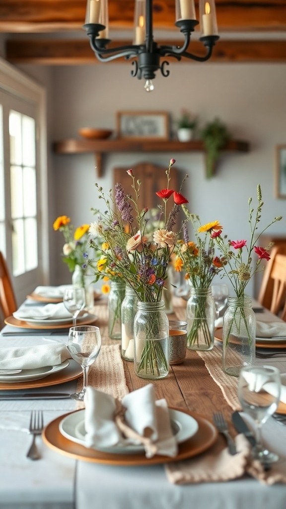 A rustic dining table set with mason jar centerpieces filled with colorful flowers, creating a warm and inviting atmosphere.