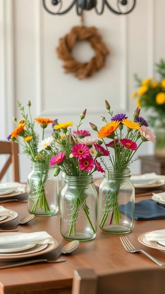 Mason jars filled with colorful flowers on a dining table