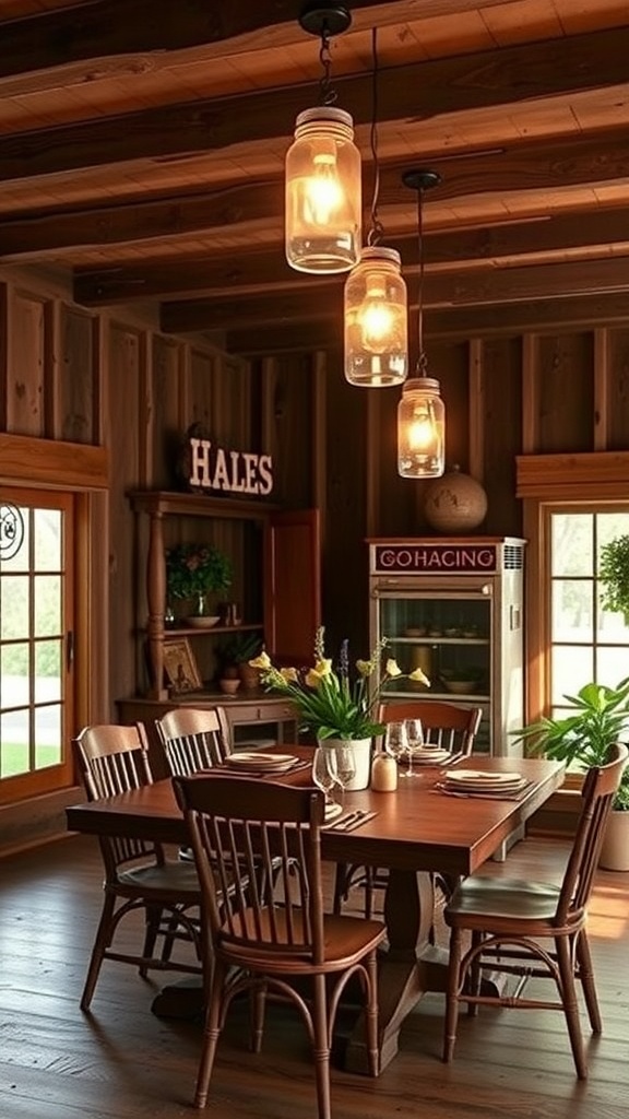 A cozy dining area featuring charming mason jar light fixtures hanging above a wooden table.
