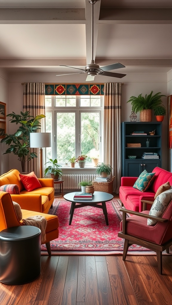 A cozy living room featuring mid-century modern furniture with bright colors and plants.