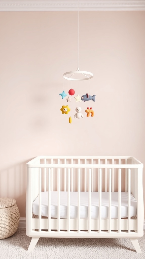 A charming nursery mobile with colorful shapes and characters hanging above a crib.