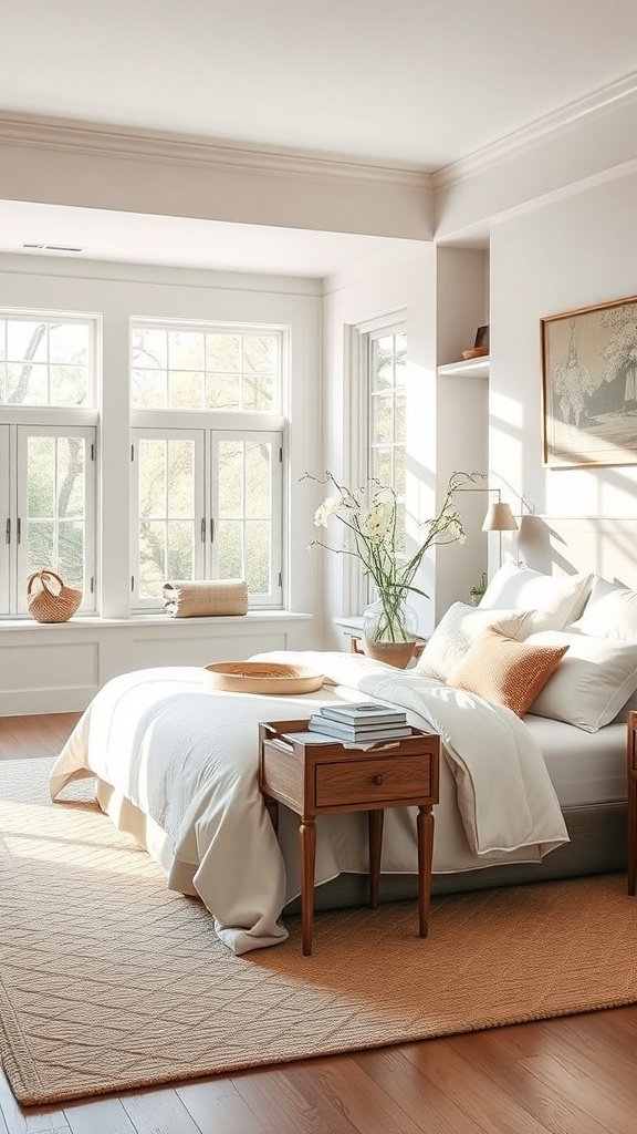 A serene bedroom with neutral colors, featuring large windows, cozy bedding, and warm wooden accents.