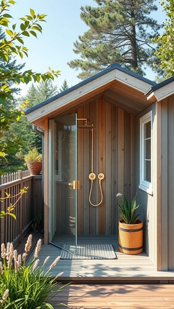 A charming outdoor shower with wooden walls, a glass door, and golden fixtures surrounded by greenery.